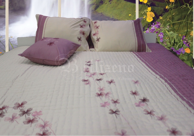 Bộ chăn chần vỏ gối thêu - Heo May - kem / hồng tro